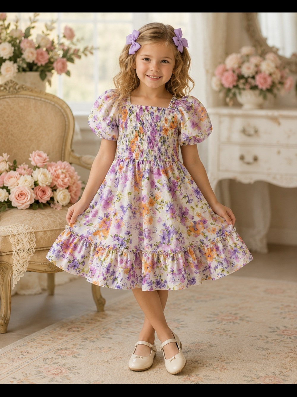 Nina Leonard White Smocked Dress with Purple and Orange Floral Print size 4-5 EU